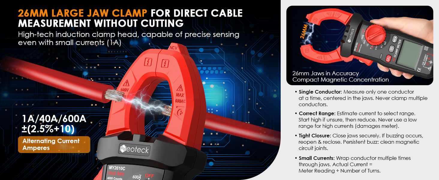 Text reads '25mm range jaw clamp for direct cable measurement without cutting'. Product demonstration showing red clamp tool with measurement markings being used on electrical cables.