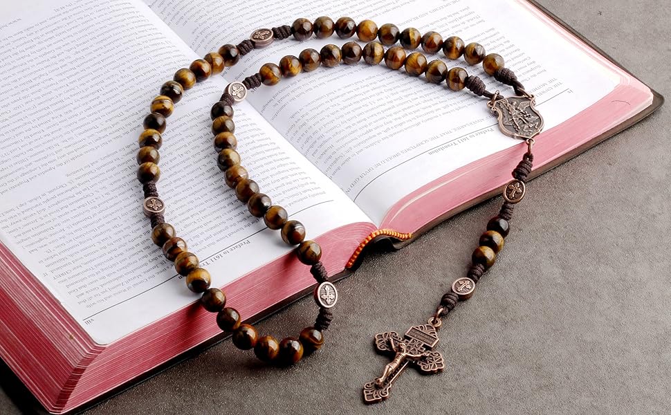 HanlinCC Tiger Eyes Natural Stone Beads Catholic Paracord Rosary Necklace