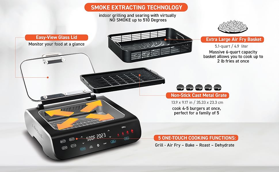 Gourmia Smokeless Indoor Grill & Air Fryer raclette grill with Smoke Extracting Technology for