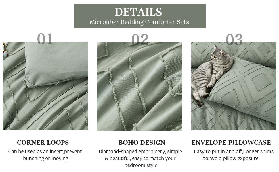 FROHAUL Boho Queen Comforter Set,Sage Green Rhombus Tufted