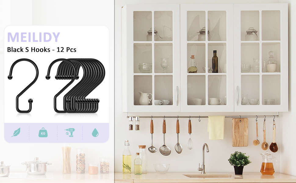 MEILIDY S Hooks, Reversible Black S Shaped Hooks 3 Inch