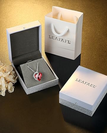 leafael red heart january birthstone necklace displayed with gift box and gift bag