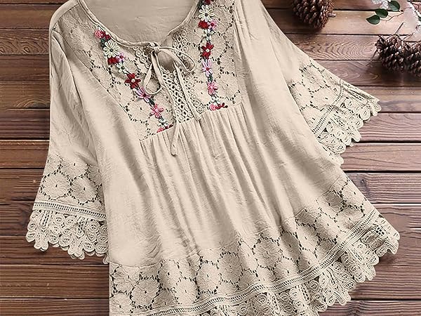 Plus Size Blouse Women Vintage Lace Patchwork Bow V-Neck