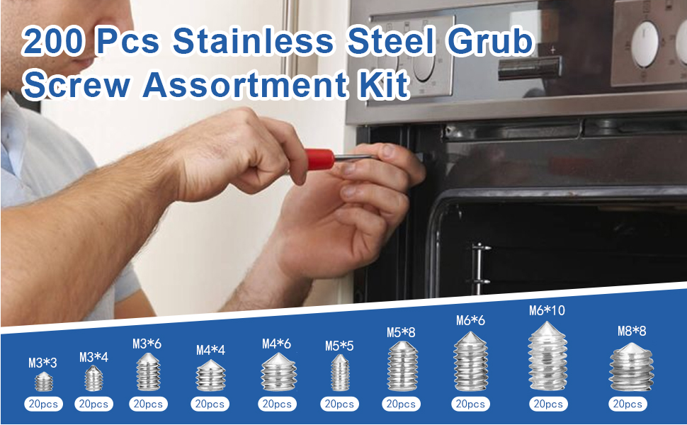 200pcs Vis Pointeau Vis Sans Tête Hexagonale Fontainebleau , M3 M4 M5 M6 M8 Tête Conique Acier Inoxydable 304, Vis De Pression,Kits De Vis à Six Pans Creux Coupelle 12 1