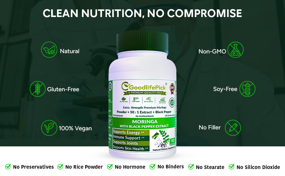 Premium Moringa Capsules with Black Pepper. Moringa Oleifera Powder