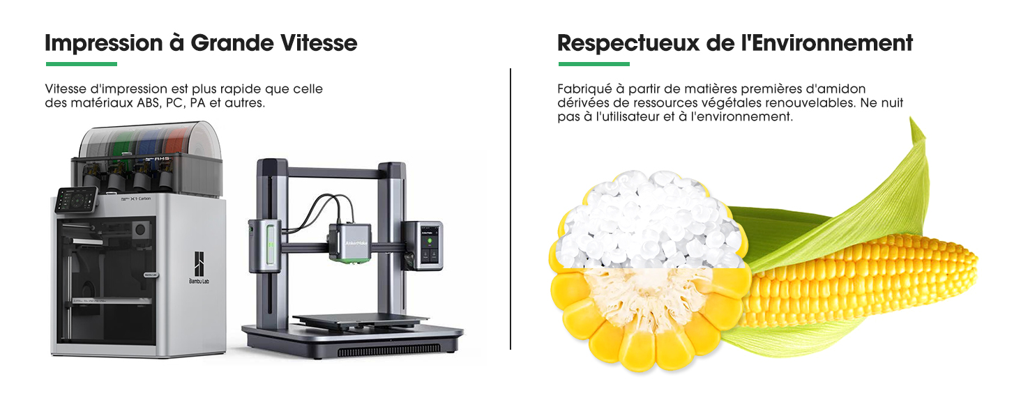 Image fractionnée montrant une imprimante 3D à côté d'une illustration de maïs et d'un matériau biodégradable, mettant en évidence une technologie d'impression respectueuse