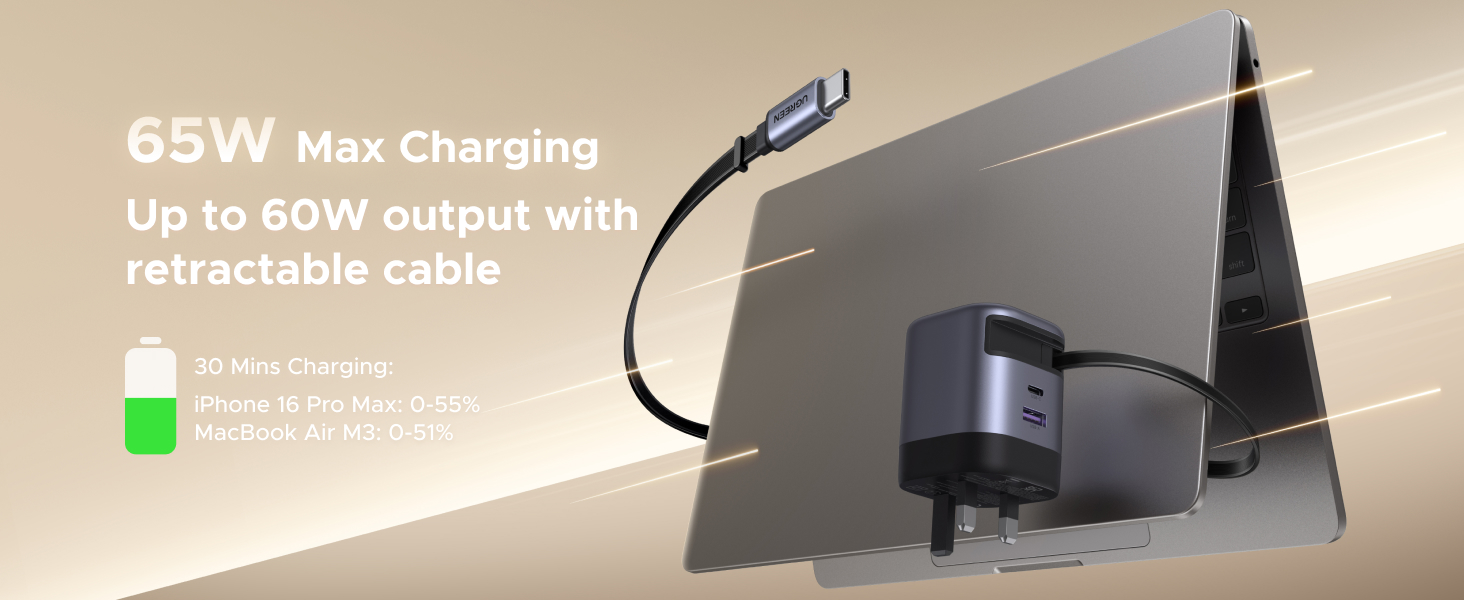 Text reads '65W Max Charging Up to 60W output with retractable cable'. Wall-mounted charging device shown in gray color against neutral background.