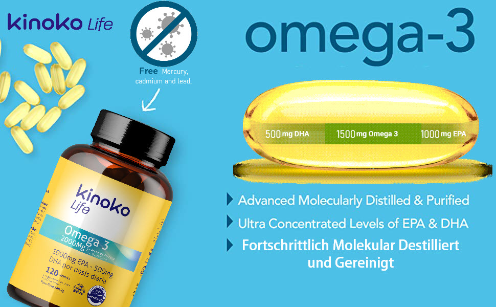 Omega 3 2000 mg, EPA 1000 mg, DHA 500 mg, 120 capsules, wild fish, free