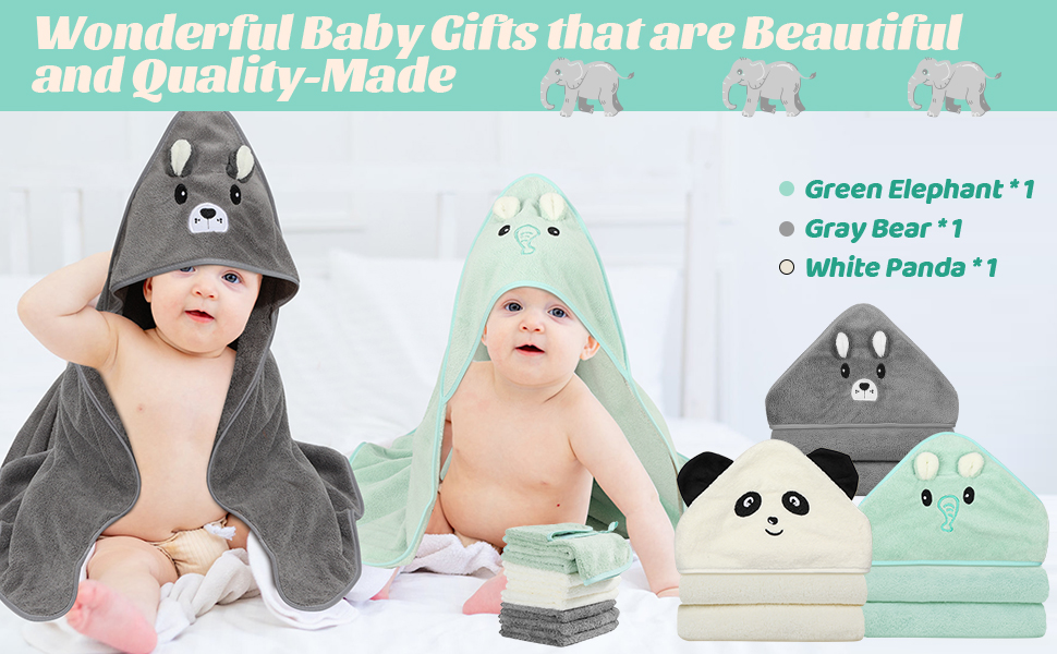 Choose from a green elephant, gray bear, or white panda after bath time.