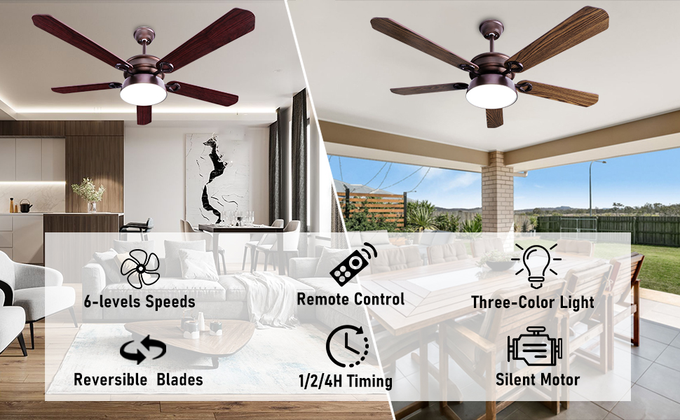 Ohniyou 52 Inch Ceiling Fan with Lights Remote Control, Outdoor Ceiling