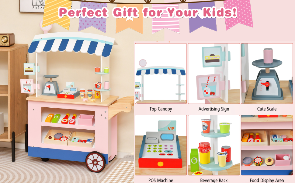 Colorful wooden play market stall for children. Features multiple compartments, awning, and accessories like toy food items and cash register.
