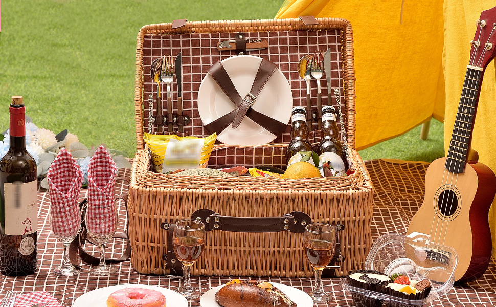 Wicker Picnic Basket for 4 Person, Large Picnic Hamper with
