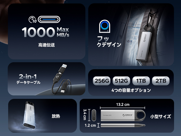 ORICO ポータブルSSD C10 2TB 新品未開封 Amazon | ORICO 2 TB外付SSD 最大1050 MB/秒、2 in 1 USB C & A