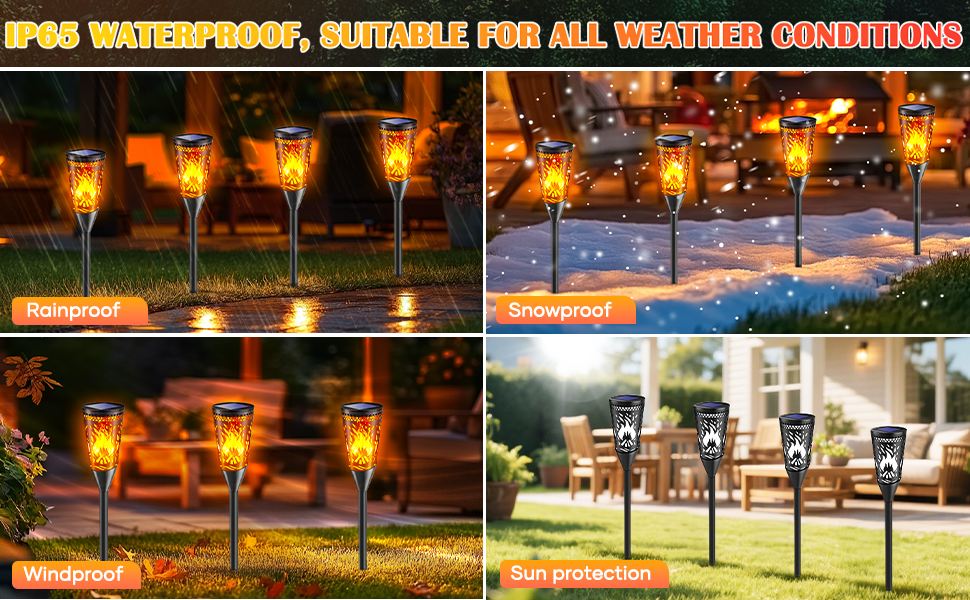 Outdoor solar-powered garden lights with flickering flame effect, shown in four weather conditions: rain, snow, wind, and sun. Lights illuminate paths and landscapes in various settings.