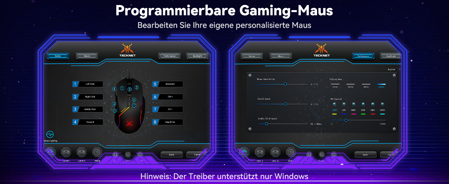 Der Text lautet „Programmierspiele Gaming-Maus“. Dunkle Oberfläche oder Gaming-Setup mit blau beleuchteten Panels und technischen Displays.