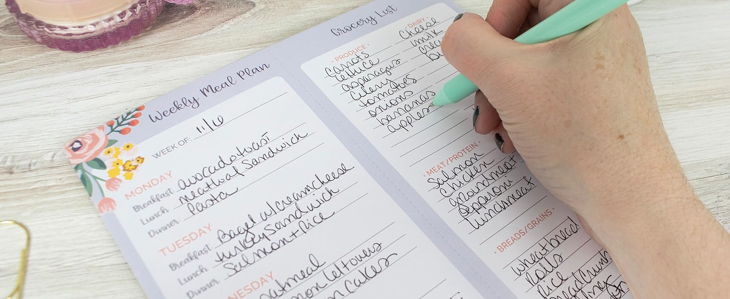 8.5 x 11 Meal Planning Pad and Grocery Shopping List blue with colorful flowers