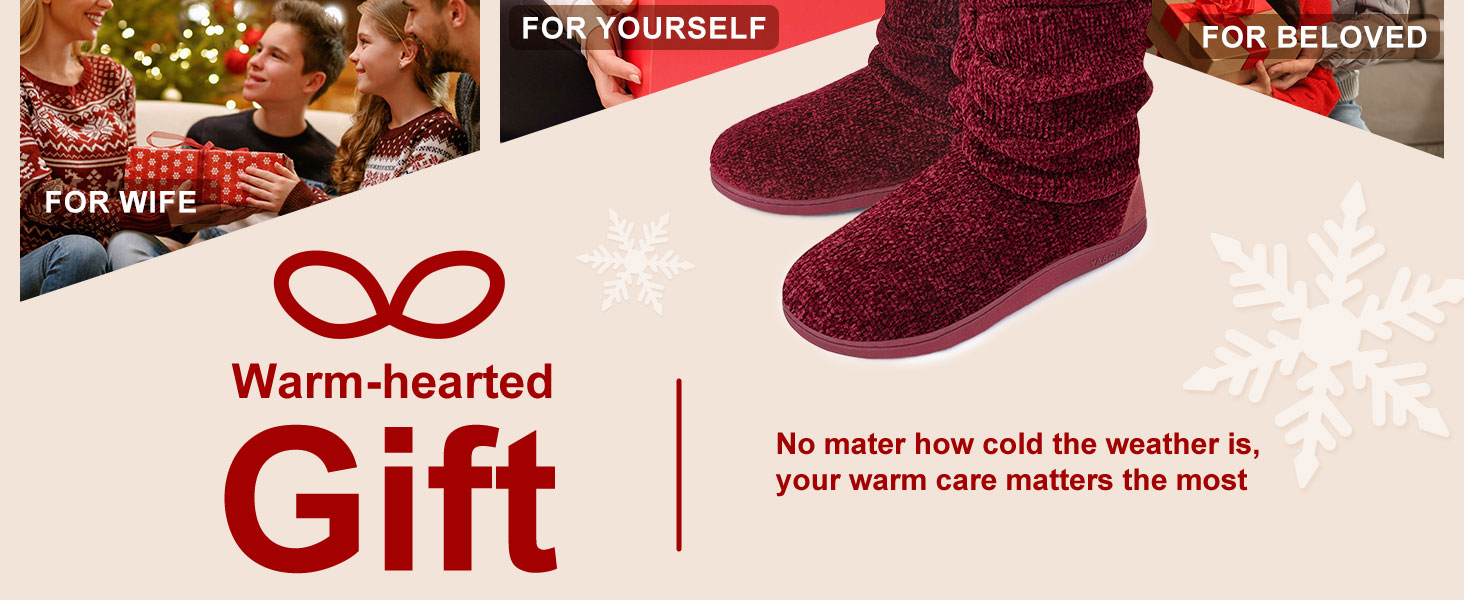 Text reads 'FOR YOURSELF', 'FOR BELOVED', 'Warm-hearted Gift'. Marketing images showing burgundy slippers and holiday gift theme.