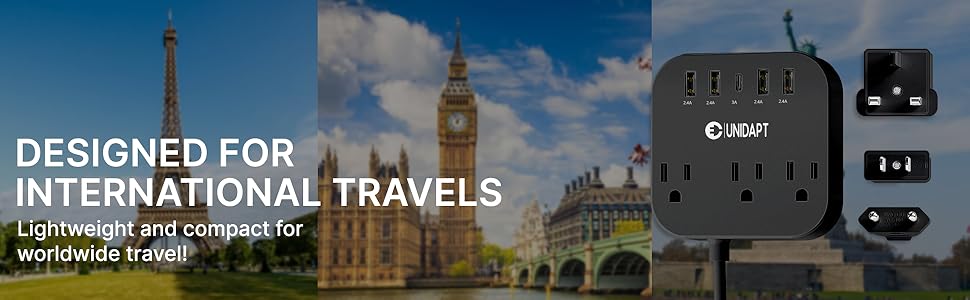 European Plug Adapter, Unidapt US to UK Europe Power Strip for EU/UK/US with USB C and 4 USB Ports, 3 AC Outlets, Wall Mountable, 5ft Extension Cord, for Travel Cruise Ship Home (Black) 28 Smaller than other power strips and more space between ac input to fit fatter plugs