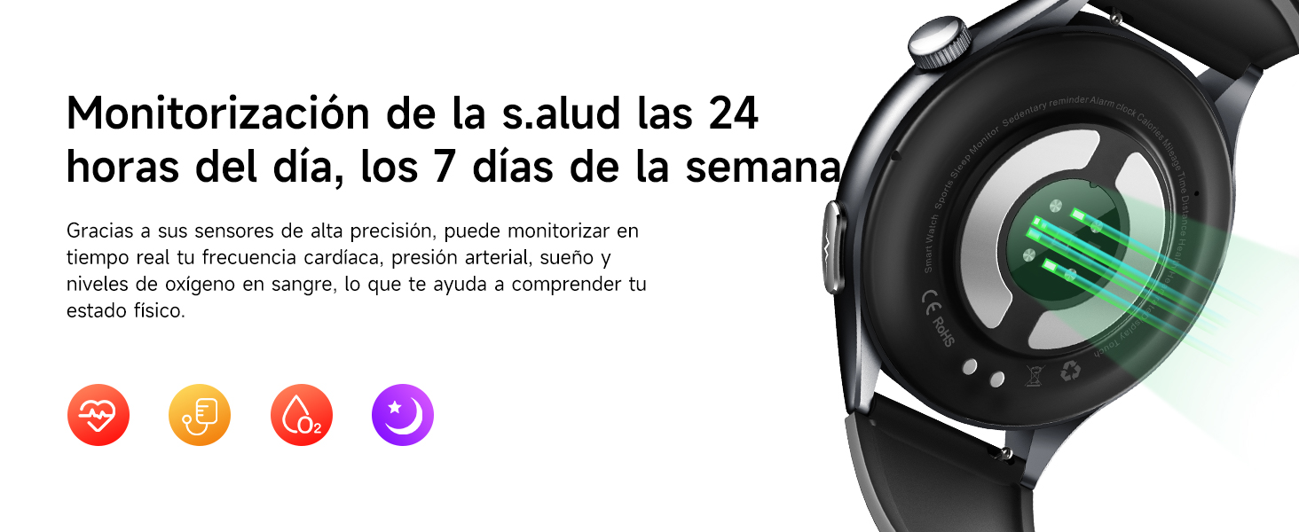 The text says «Health monitoring 24 hours a day, 7 days a week». Smart watch interface that shows health monitoring functions.