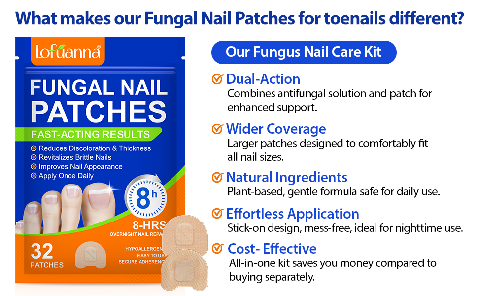 Text reads 'What makes our Fungal Nail Patches for toenails different?', 'Our Fungus Nail Care Kit', 'FUNGAL NAIL PATCHES', 'Wider Coverage', 'Natural Ingredients', 'Effortless Application', 'Cost-Effective', '32 Patches'. Blue product information panel.