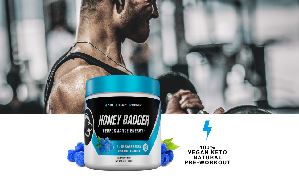 Amazon Com Honey Badger Pre Workout Powder Vegan Keto Blue Raspberry Preworkout Natural Energy For Men Women Beta Alanine Caffeine Vitamin C For Immune Support Sugar Free