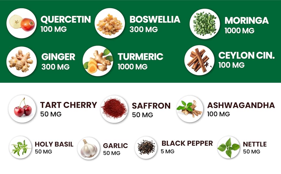 Moringa capsules Turmeric Moronga Supplement Ginger Boswellia Saffron Holy Basil Ceylon Cinnamon