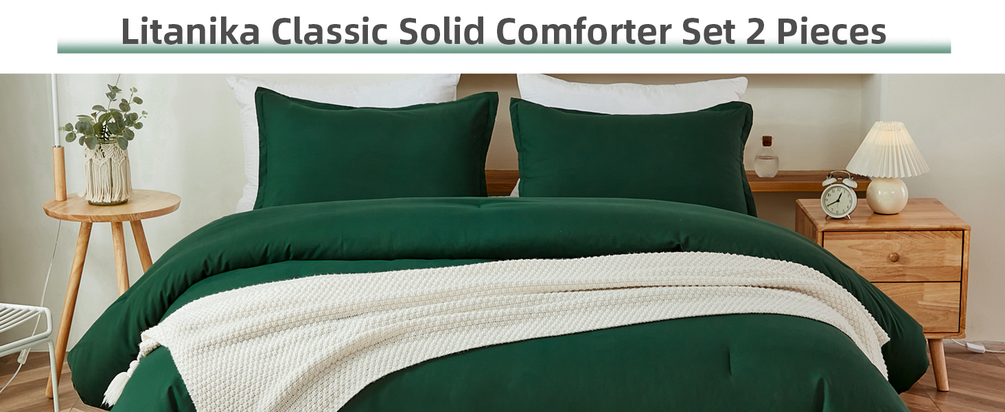 Litanika Dark Emerald Green Comforter Twin Size Set, 2 Pieces Boho Vintage Solid