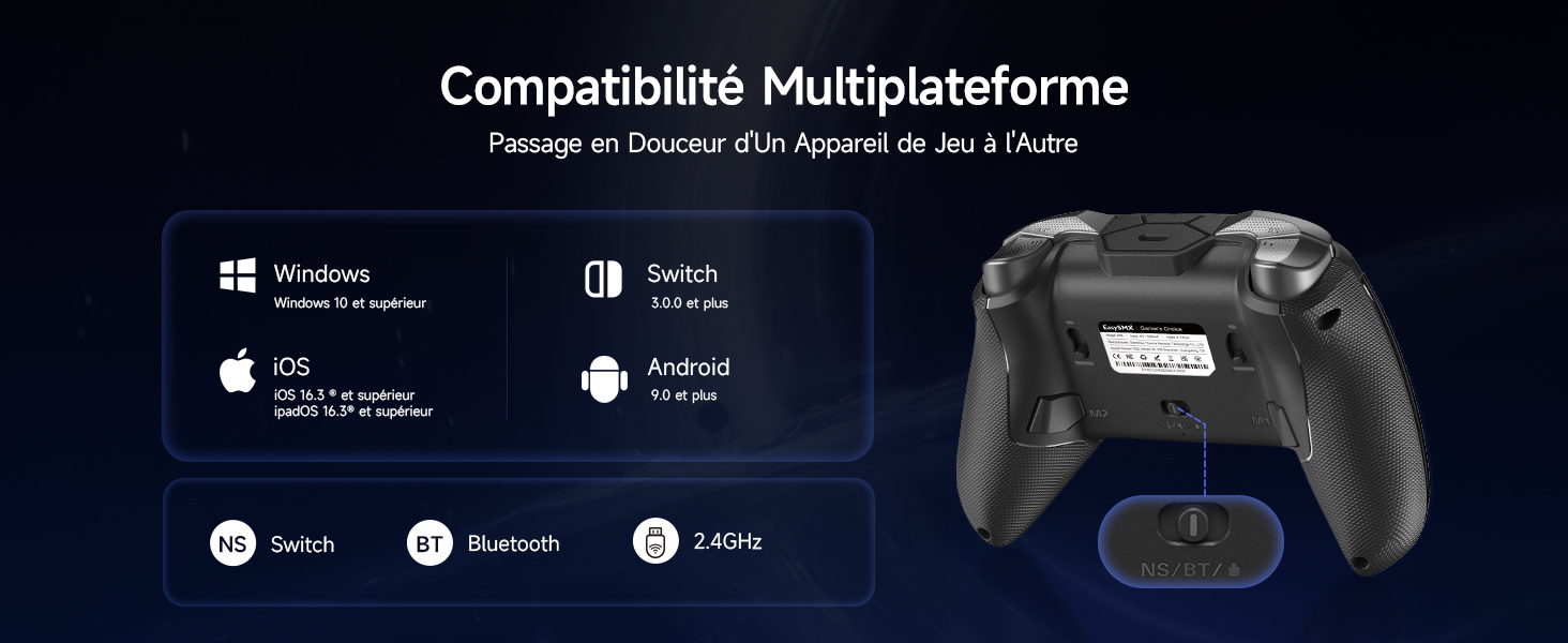 Le texte « Compatibilité multiplateforme » affiche les icônes de compatibilité des plateformes de jeu pour Windows, Xbox, Android, iOS et autres systèmes dotés d'une manette de jeu noire.