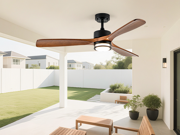 52” Outdoor Ceiling Fan with Light, 3 Walnut Solid Wood
