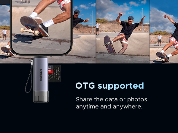 Composite image showcasing OTG support feature. Shows person using smartphone connected to external device, with action shots in desert background.