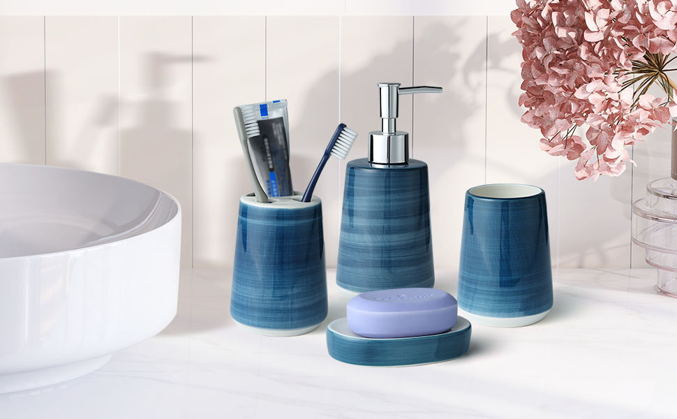 Blue Bathroom Accessories Set 4 Pcs,Ceramic Toothbrush Holder Decor