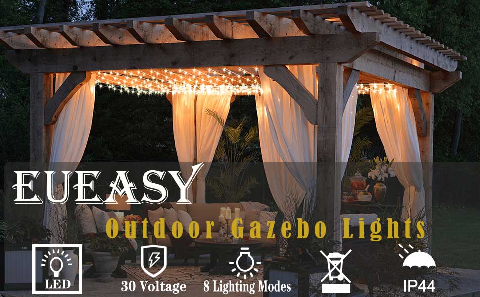 Eueasy Gazebo Lights Outdoor, 10ftx10ft Fairy Lights with 8 Lighting