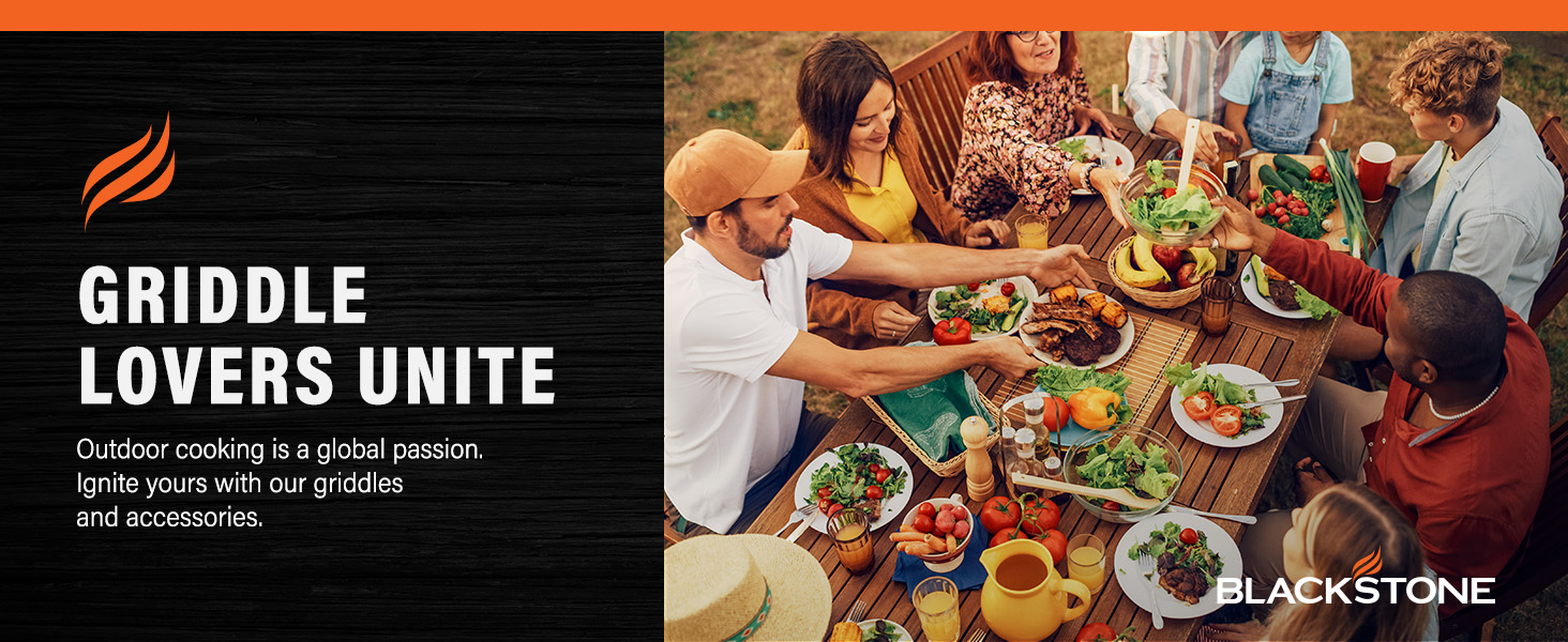 Griddle lovers celebrate around a Blackstone griddle, highlighting their passion for outdoor cooking