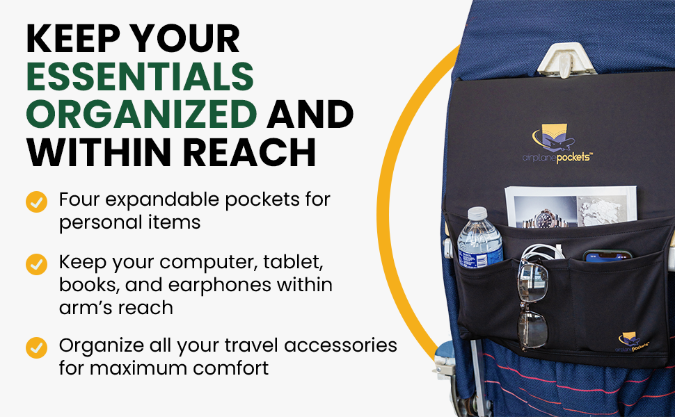 Airline tray table cover with functional storage pockets designed to hold travel accessories and essentials