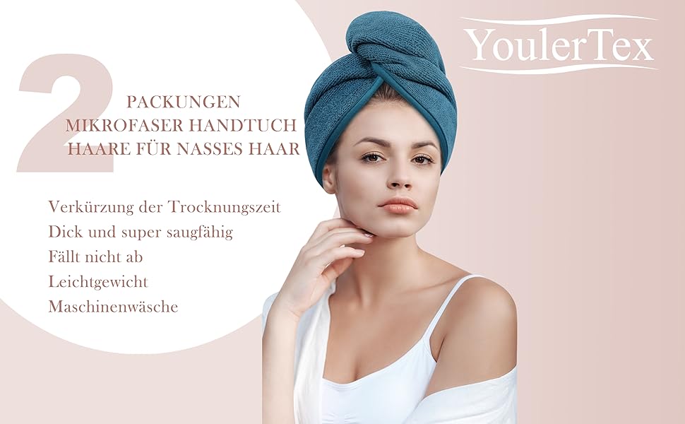YoulerTex Mikrofaser-Haartuch in blaugrüner Farbe, das schnell trocknende und extrem saugfähige Eigenschaften für das Trocknen