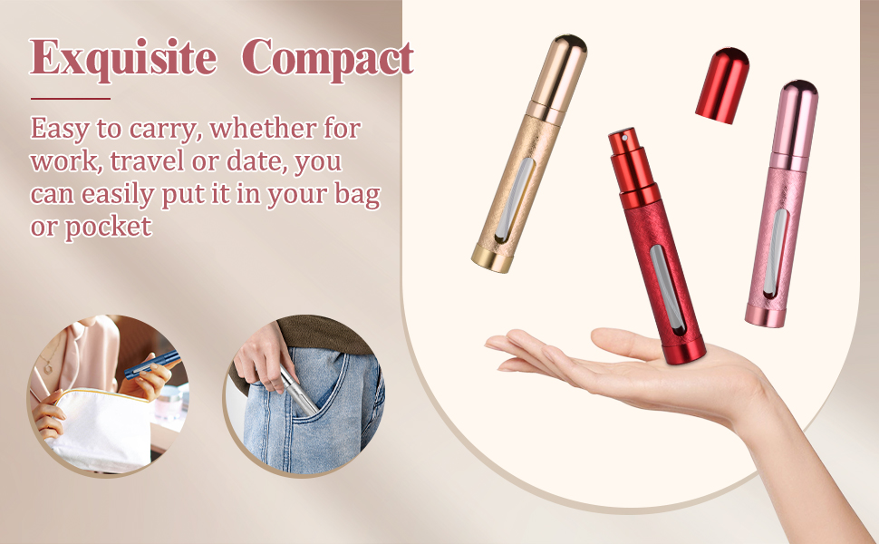 Text reads 'Exquisite Compact'. Hand demonstrating three lipstick/cosmetic tubes in gold, red, and pink colors against a pink background with circular inset lifestyle images.