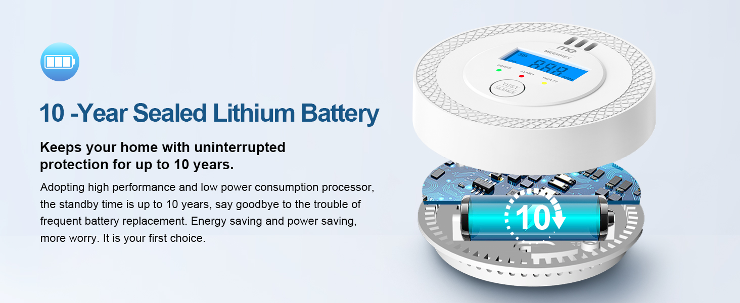 10-year sealed lithium battery product illustration showing a circular white device with blue display and internal component diagram.