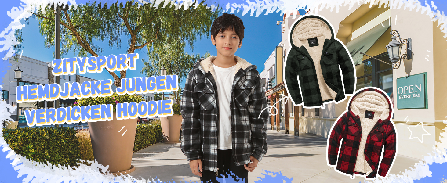 Produktwerbung mit Winterjacken in verschiedenen Farben, karierten und einfarbigen Designs mit Sherpa-gefütterten