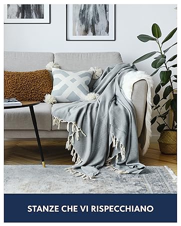 Scena del soggiorno con coperta grigia su divano bianco, arte murale astratta e pianta in vaso. Testo in italiano in basso