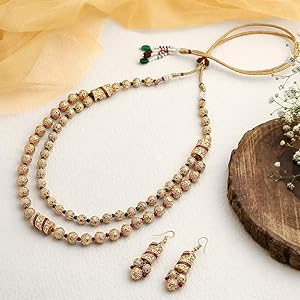 ACCESSHER Gold Plated  Handcrafted Long Multi Strand Pearl  Necklace with Earrings