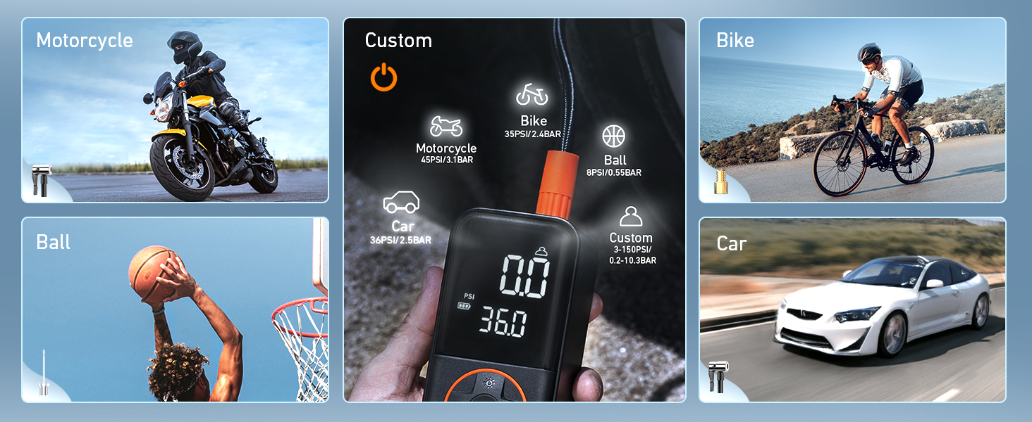 Composite image with six panels showing different vehicles and activities: a motorcycle, digital display, bicycle, basketball player dunking, white sports car, and custom vehicle icons.