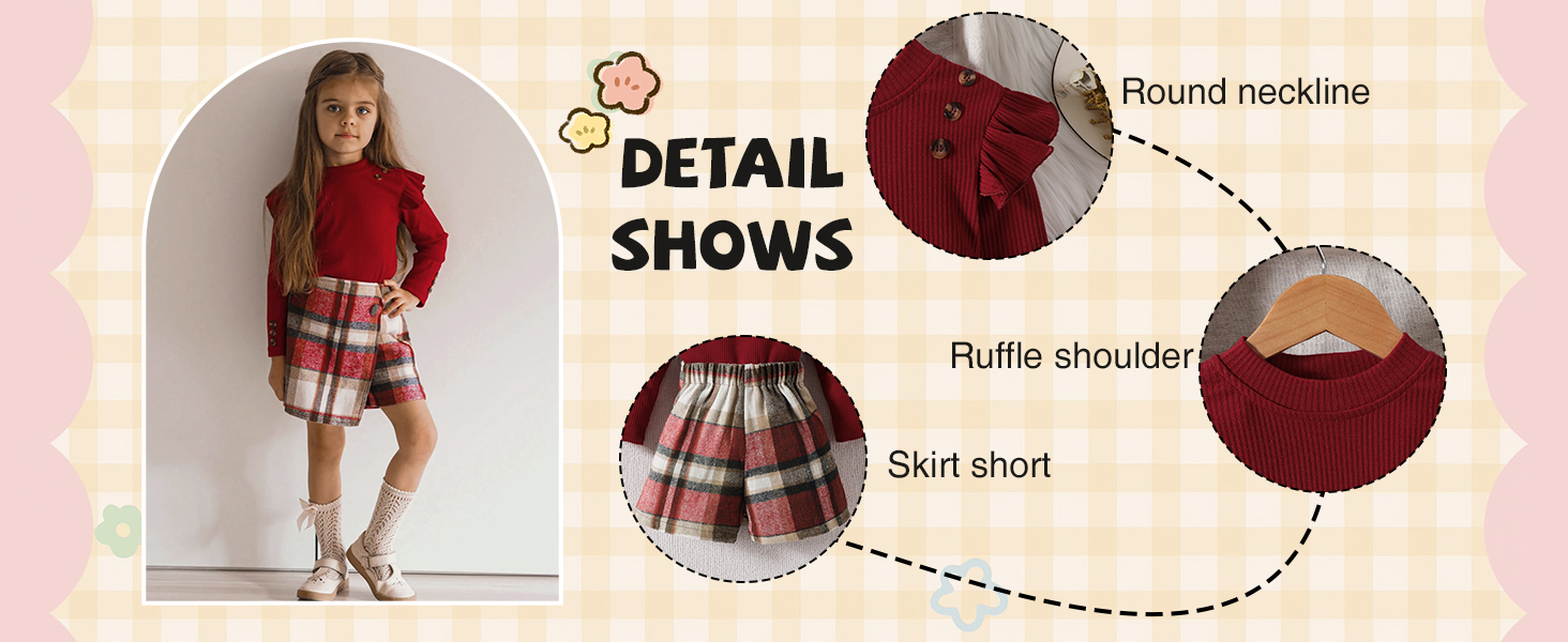 Kinderoutfit mit rotem Top und kariertem Rock. Die Details zeigen den Rundhalsausschnitt, die Rüschenschulter und den kurzen