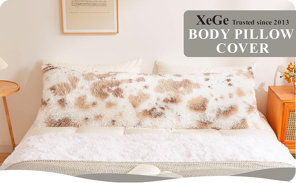 XeGe Long Fluffy Body Pillow Cover, Cow Print Faux Fur Bolster Pillow