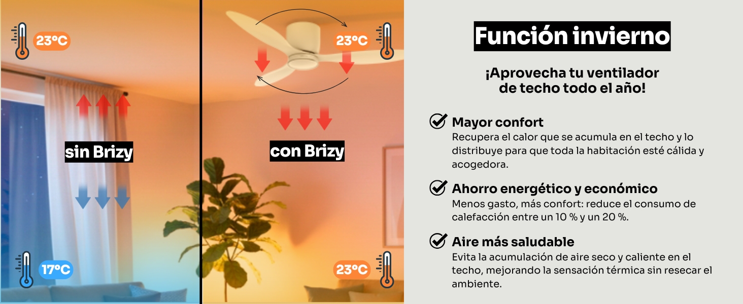 El texto dice «función invierno». Panel de información del producto con viñetas y especificaciones en español.