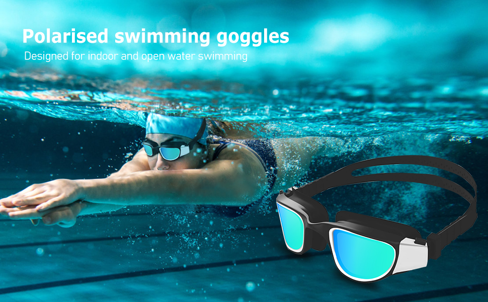 con lentes azules espejadas y montura negra, que se muestran tanto en la vista del producto como en la foto de natación submarina en acción