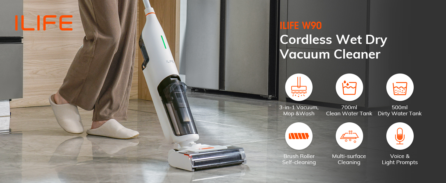 ILIFE Wet Dry Vacuum Cleaner W90 Smart Cordless Floor Cleaner for