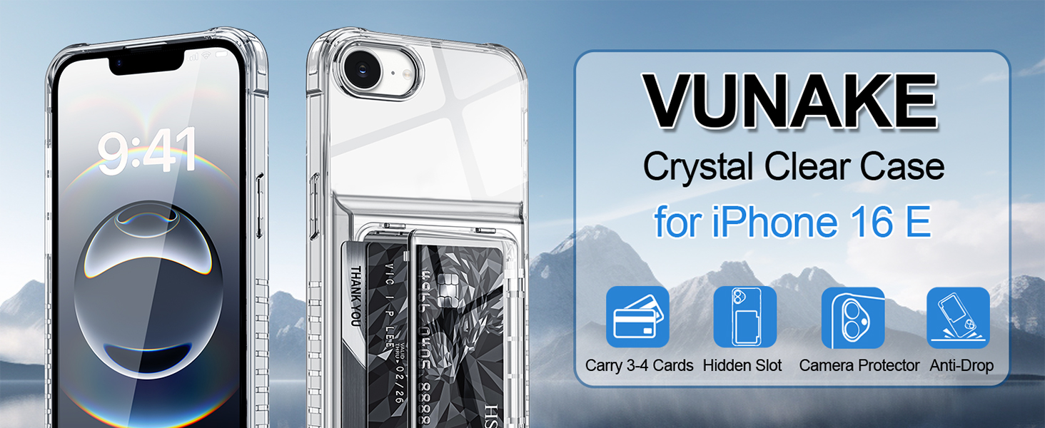 Text reads 'YUNAKE Crystal Clear Case for iPhone 16'. Product advertisement showing iPhone case with transparent design and protective features.