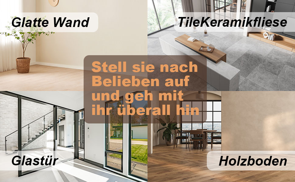 Innenarchitektur-Schaukasten mit drei Räumen: einer Glastrennwand, Keramikfliesenböden und Hartholzböden mit deutscher Textüberlagerung.