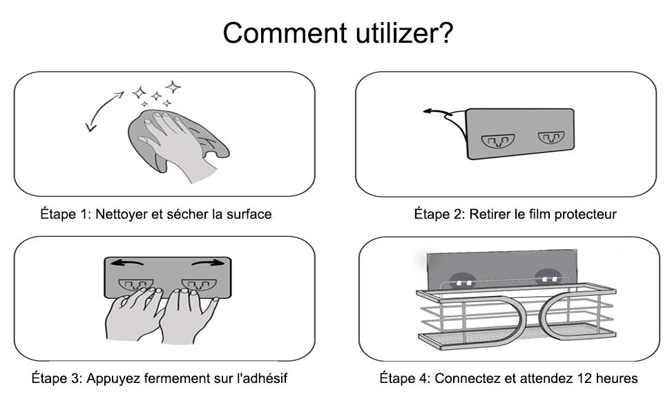 Schéma d'instructions d'installation montrant les quatre étapes de montage et de connexion d'un appareil, avec des étiquettes en français.