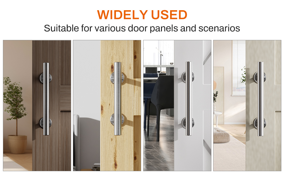 Die abgebildete Sammlung von Türgriffen, die an verschiedenen Türtypen angebracht sind, darunter Holz-, Glas- und weiße Paneele, zeigt eine vielseitige Anwendung.